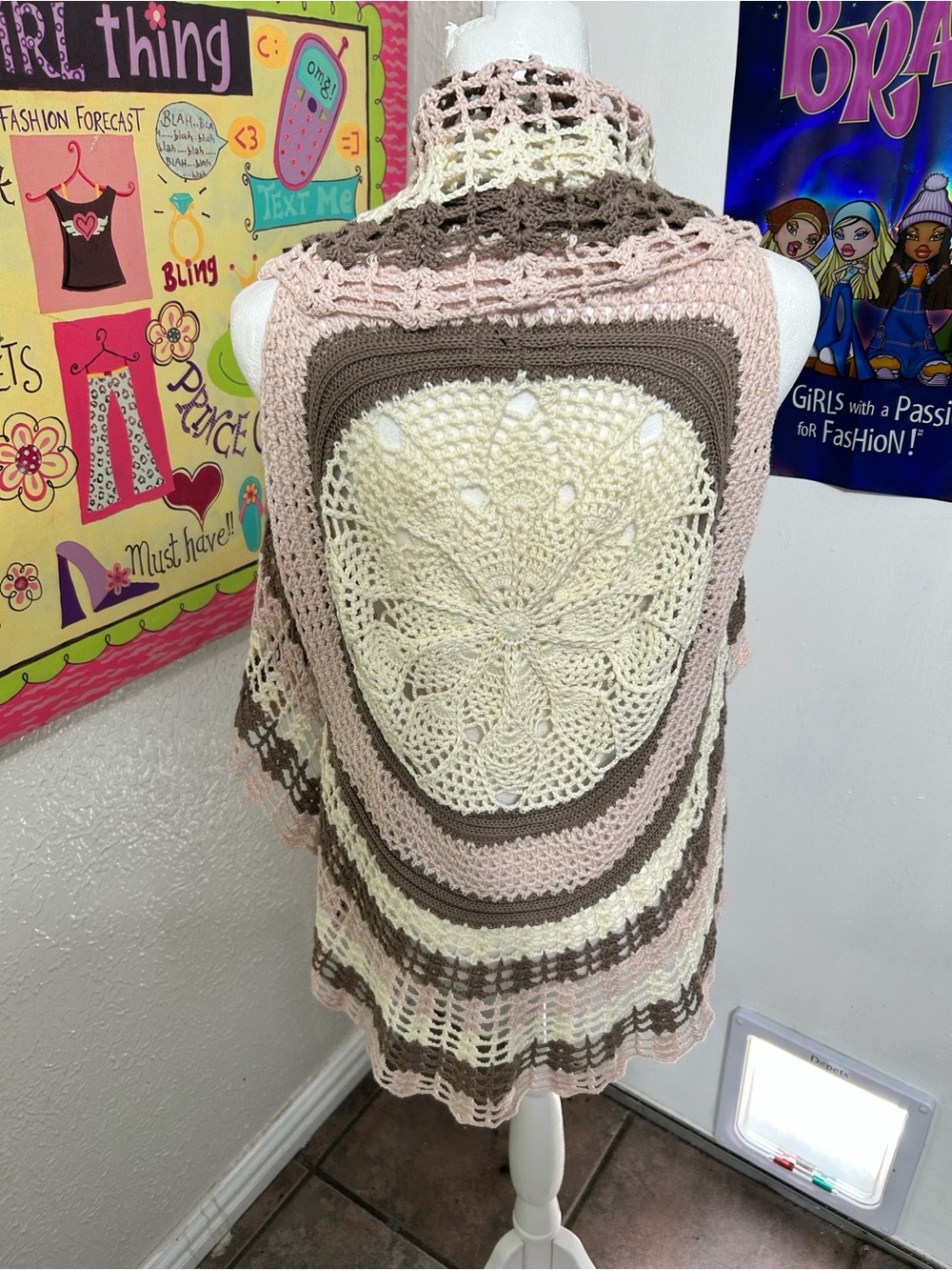 Crochet Open-Front Vest in Cream, Blush & Brown